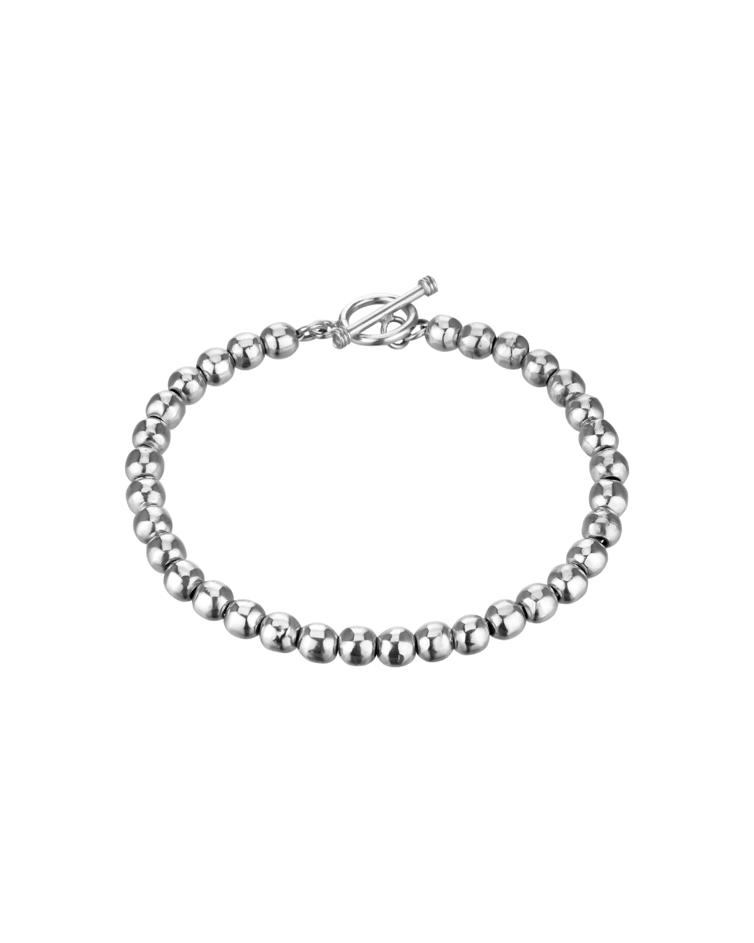 Silberarmband aus gleichmäßig runden Kugeln mit T-Verschluss. Glänzende Oberfläche, schlichtes, modernes Design.
